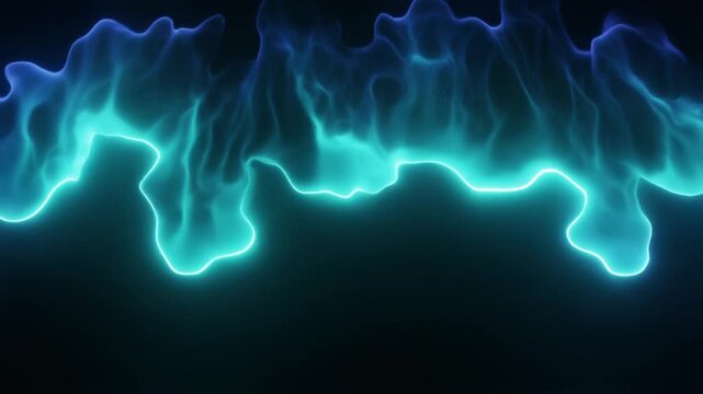 Icy cyan plasma flickers and reshapes near the upper frame, with cool luminous tendrils drifting downward through deep black in a clean futuristic cinematic abstract motion scene.