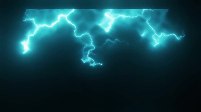 Icy cyan plasma flickers and reshapes near the upper frame, with cool luminous tendrils drifting downward through deep black in a clean futuristic cinematic abstract motion scene.
