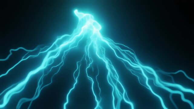Icy cyan plasma flickers and reshapes near the upper frame, with cool luminous tendrils drifting downward through deep black in a clean futuristic cinematic abstract motion scene.