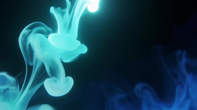 Icy cyan plasma flickers and reshapes near the upper frame, with cool luminous tendrils drifting downward through deep black in a clean futuristic cinematic abstract motion scene.