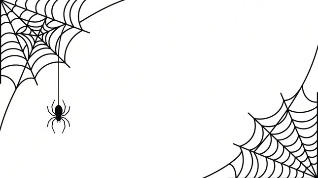 Black spider hanging from a detailed corner spider web isolated on white background