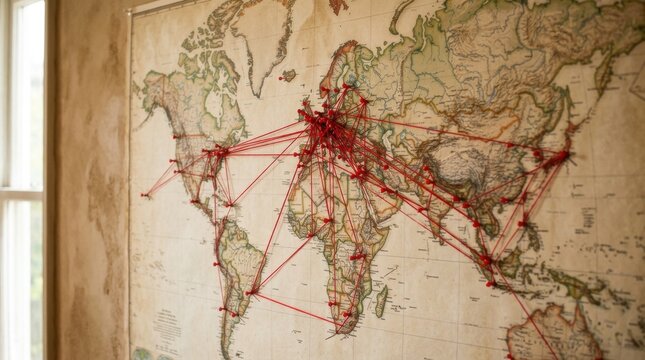 Vintage world map with red string pins showing global travel connections