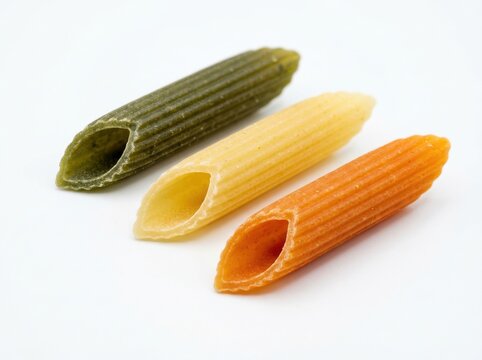 Three pieces of colorful penne pasta isolated on white background