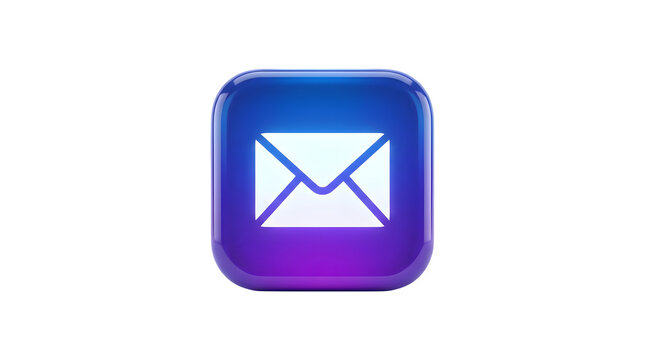 Glossy 3D Email Icon, Digital Communication Symbol, Modern Messaging App Interface Element, Blue and Purple Gradient Background