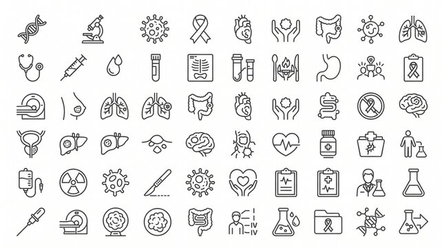 Oncology and cancer research medical line icons set for healthcare and clinical diagnostics.