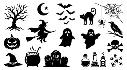 Obraz premium Halloween silhouette icon set with witch, ghost, pumpkin, and spooky holiday elements