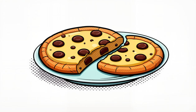 Cookies on a plate, broken into two pieces and sprinkled with chocolate chips, Pop Art Style.