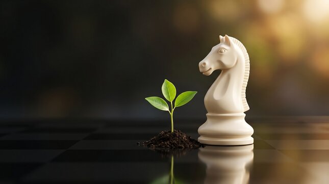 A white chess knight stands beside a small green sprout emerging from soil on a chessboard, representing strategic thinking, growth, and the beginning of a successful business or investment journey.