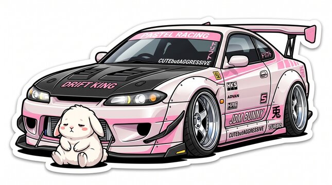 Pink and black tuned sports car with a plush toy.