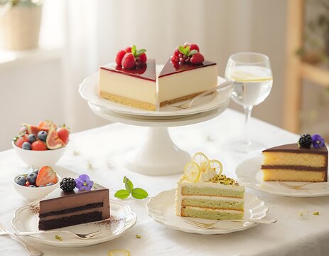 Assorted desserts and beverages on white table setting.