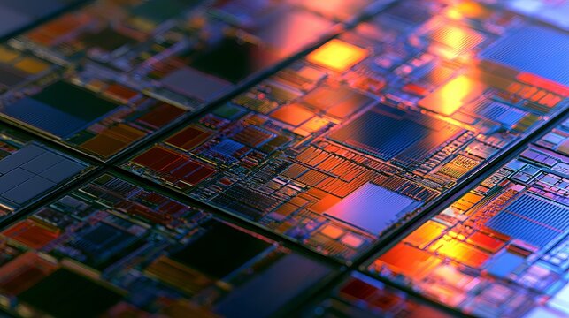 Extreme macro view of intricate semiconductor silicon wafer with colorful circuit patterns microchip
