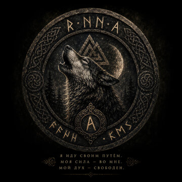Howling Wolf with Norse Runes and Viking Valknut Symbol on Dark Background