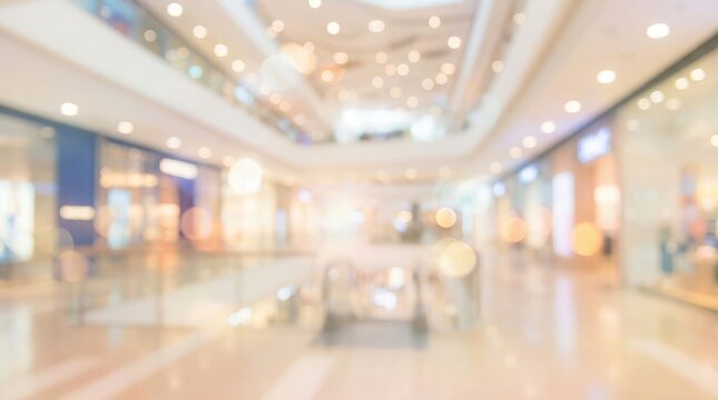 Blurred interior of a modern shopping mall with bright lights
