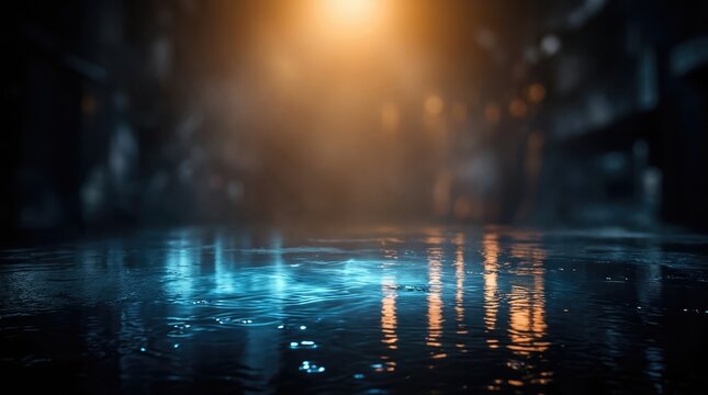 Abstract dark background with glowing neon lights and water reflections