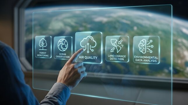 A person interacts with a futuristic holographic interface showing planetary data while looking out of a spaceship window at earth