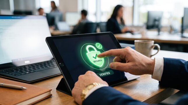 Close up of businessman hand touching digital secure lock icon on tablet screen, verifying data protection, cybersecurity, online safety, encryption, authentication, and privacy