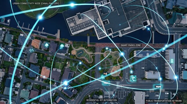 Aerial view of smart city infrastructure with IoT network connections, residential integration and public transportation system, urban planning technology for future sustainable