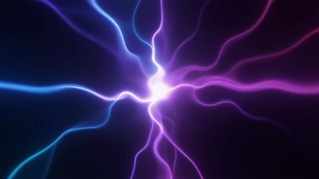 Soft plasma-like energy pulses and reshapes continuously, with luminous tendrils flexing from a central glow in electric violet and deep blue against black, creating a futuristic abstract motion backg