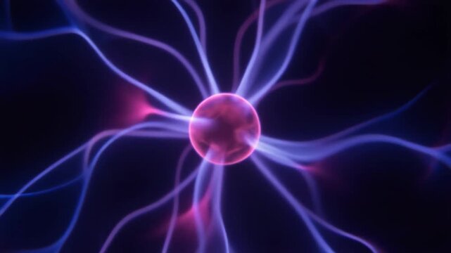Soft plasma-like energy pulses and reshapes continuously, with luminous tendrils flexing from a central glow in electric violet and deep blue against black, creating a futuristic abstract motion backg