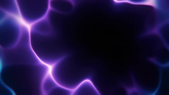 Soft plasma-like energy pulses and reshapes continuously, with luminous tendrils flexing from a central glow in electric violet and deep blue against black, creating a futuristic abstract motion backg