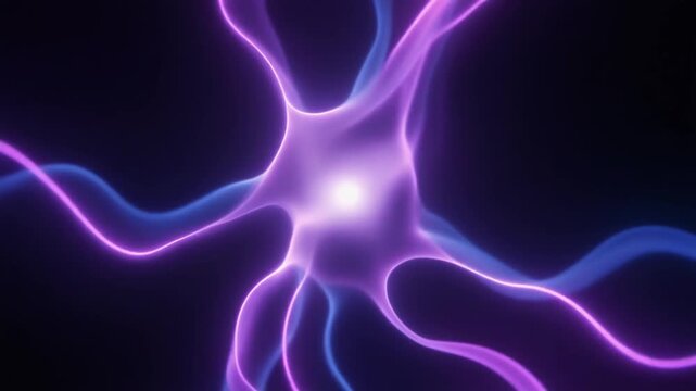 Soft plasma-like energy pulses and reshapes continuously, with luminous tendrils flexing from a central glow in electric violet and deep blue against black, creating a futuristic abstract motion backg