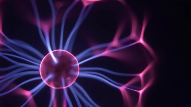 Soft plasma-like energy pulses and reshapes continuously, with luminous tendrils flexing from a central glow in electric violet and deep blue against black, creating a futuristic abstract motion backg