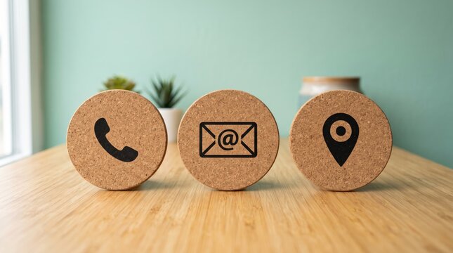 Three cork coasters with contact icons phone email location on wooden table, minimalist business communication for customer service, support channels, accessibility, modern office