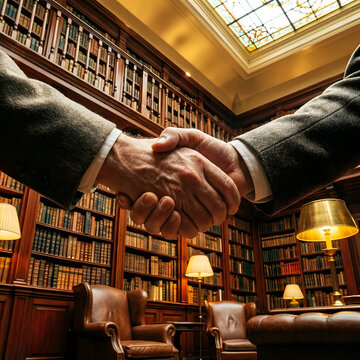 Formal agreement confirmed with firm handshake inside classic library filled with old books.