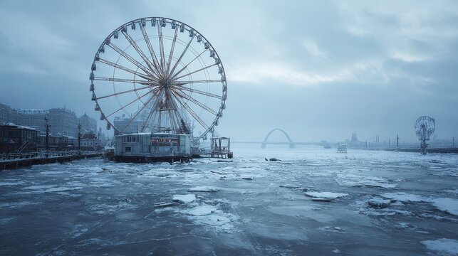 Large Ferris wheel beside frozen river during overcast winter day with ice floes and distant arch bridge