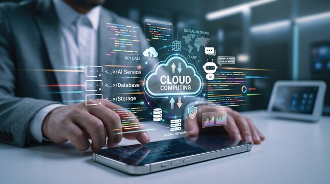 Cloud computing network with AI service integration, global database storage connection, API call visualization, digital transformation technology, secure data processing system.