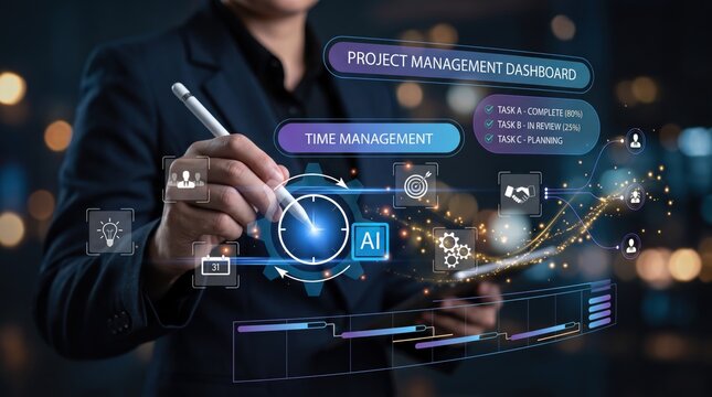Project management dashboard with AI integration for time tracking and business planning