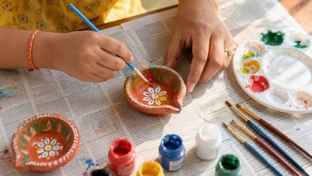 Child painting a colorful clay diya with adult guidance for Diwali festivities at home