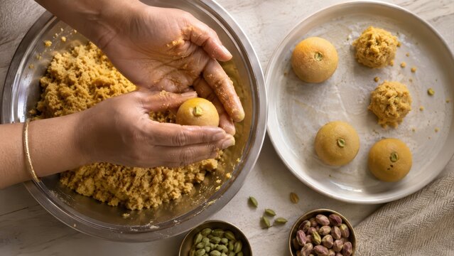Hands shaping homemade besan ladoo sweets for a traditional Diwali celebration at home