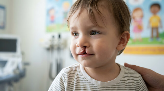 Young child with cleft lip and palate in a medical setting.
