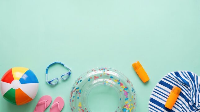 Flat lay of summer beach accessories on pastel blue, vacation essentials, swimming gear, sunscreen, sunglasses, holiday, travel preparation, colorful items, seasonal fun