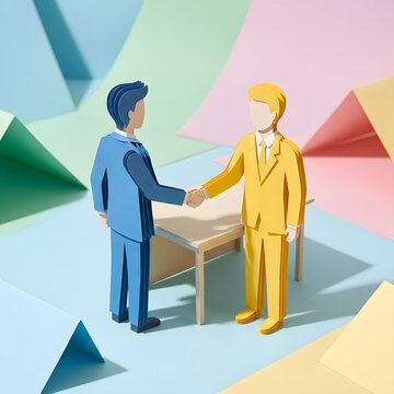 Paper craft figures of two businessmen shaking hands in office setting with pastel colors.