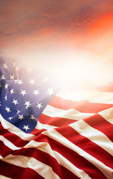 American flag in sunny sky