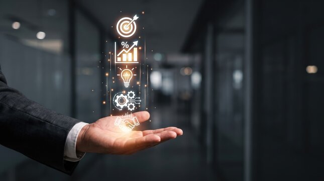 Hand holding glowing business strategy icons, target goal, growth chart, lightbulb idea, gears process, handshake partnership, digital innovation, startup success