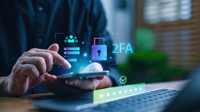 User logging into account on mobile device with two-factor authentication and password security icons, emphasizing cybersecurity, data protection, and safe online access methods.