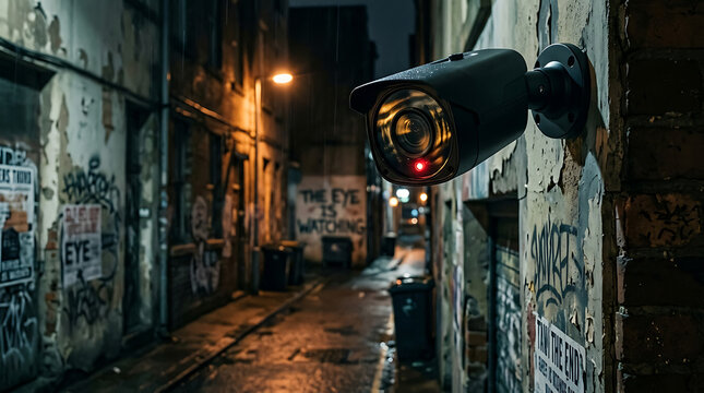 Surveillance camera mounted on a wall in a dark alley at night.