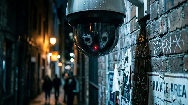 Security camera mounted on a brick wall at night on a city street.