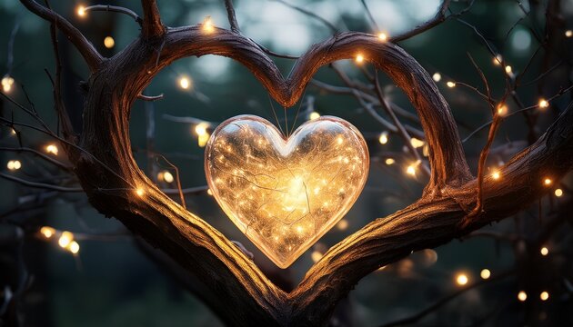 a heart with glowing lights in the crook of tree branches