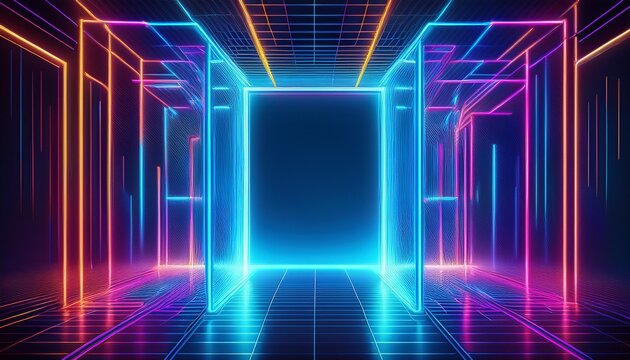 abstract glowing colorful neon grid frames forming open portal doorway on dark blue background for futuristic technology and virtual reality concept
