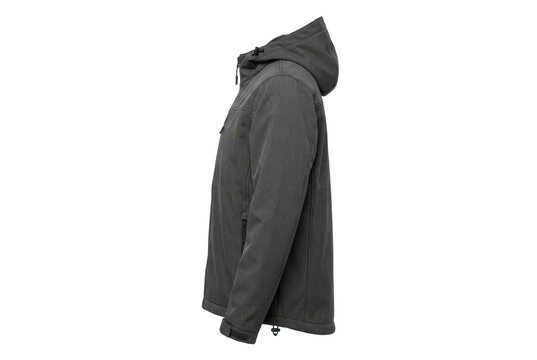 Mens grey softshell jacket with hood viewed from side profile
