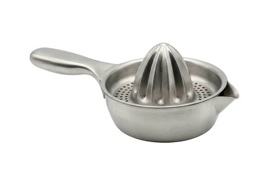 Manual stainless steel citrus juicer and squeezer tool.