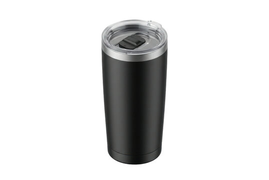 Matte black insulated travel mug with clear lid.