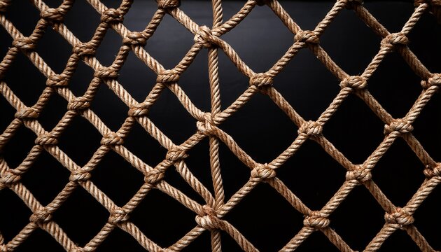 natural brown knotted jute rope net with diamond shaped openings against solid black background showing textured nautical pattern