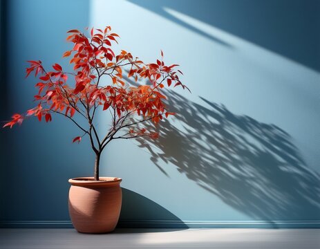 a potted tree with red leaves casts shadows on a light blue wall