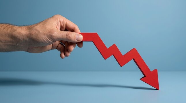 Caucasian hand holding red downward trend arrow on blue background signifies financial crisis economic recession or stock market crash during global inflation.
