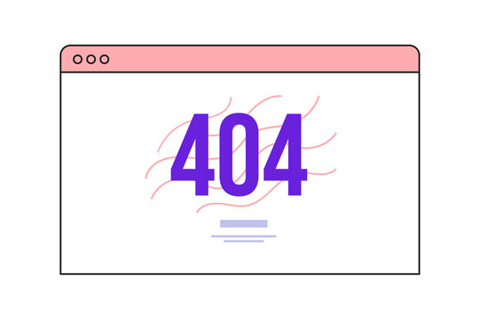 A browser window displaying a large 404 error message, shown in a clean flat interface style. Suitable for error pages, broken links, website problems and web design projects.